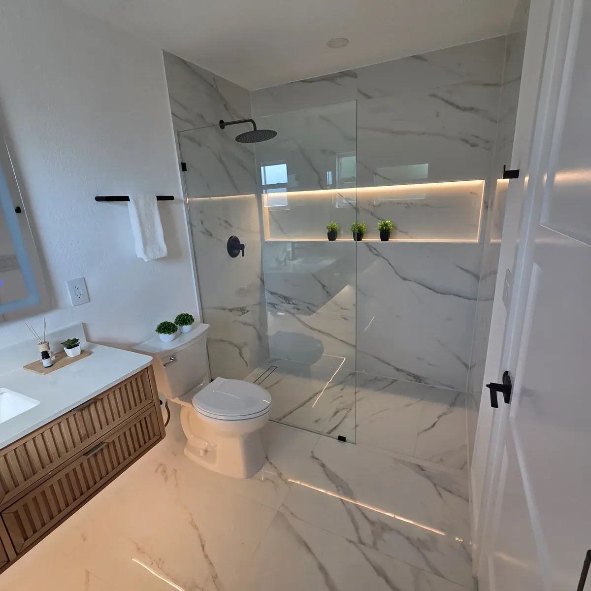 Modern marble bathroom walk-in shower